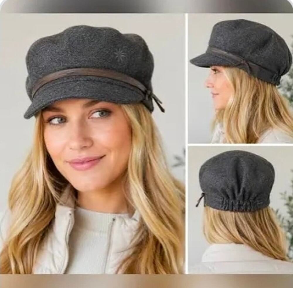 Athleta Gray Wool Blend Military Newsboy Cap Hat OS Elastic Back